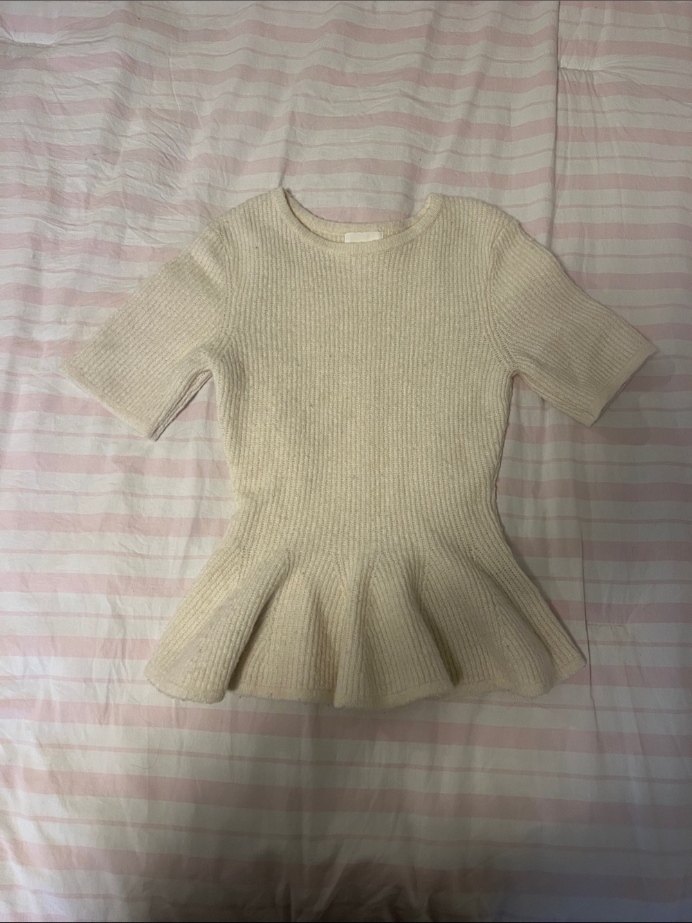 H&M Cream Ribbed Peplum Short Sleeve Sweater